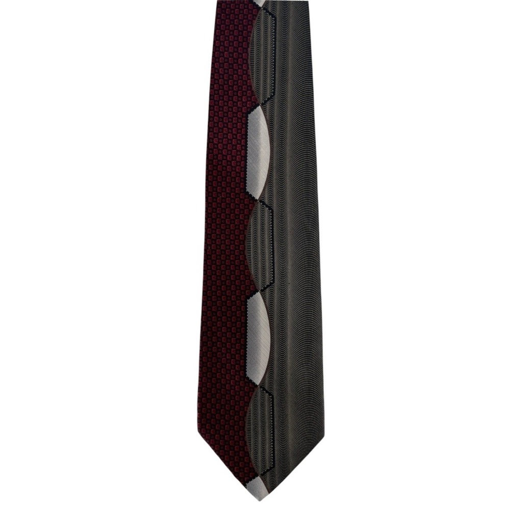 Adolfo Mens Silk Tie Burgundy Grey Geometric Wavy Pattern Professional 57"x4"
